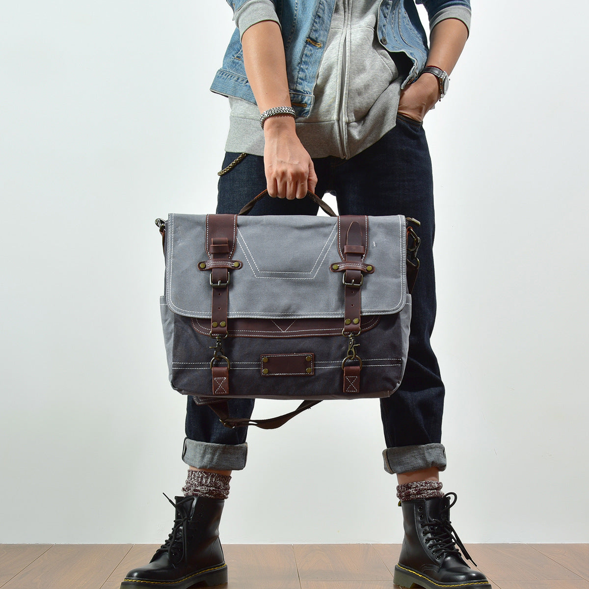 Vintage Leather Messenger Bag - Oil Wax Canvas with Horse Leather for Men - ArtOm_farm™ LEATHER 