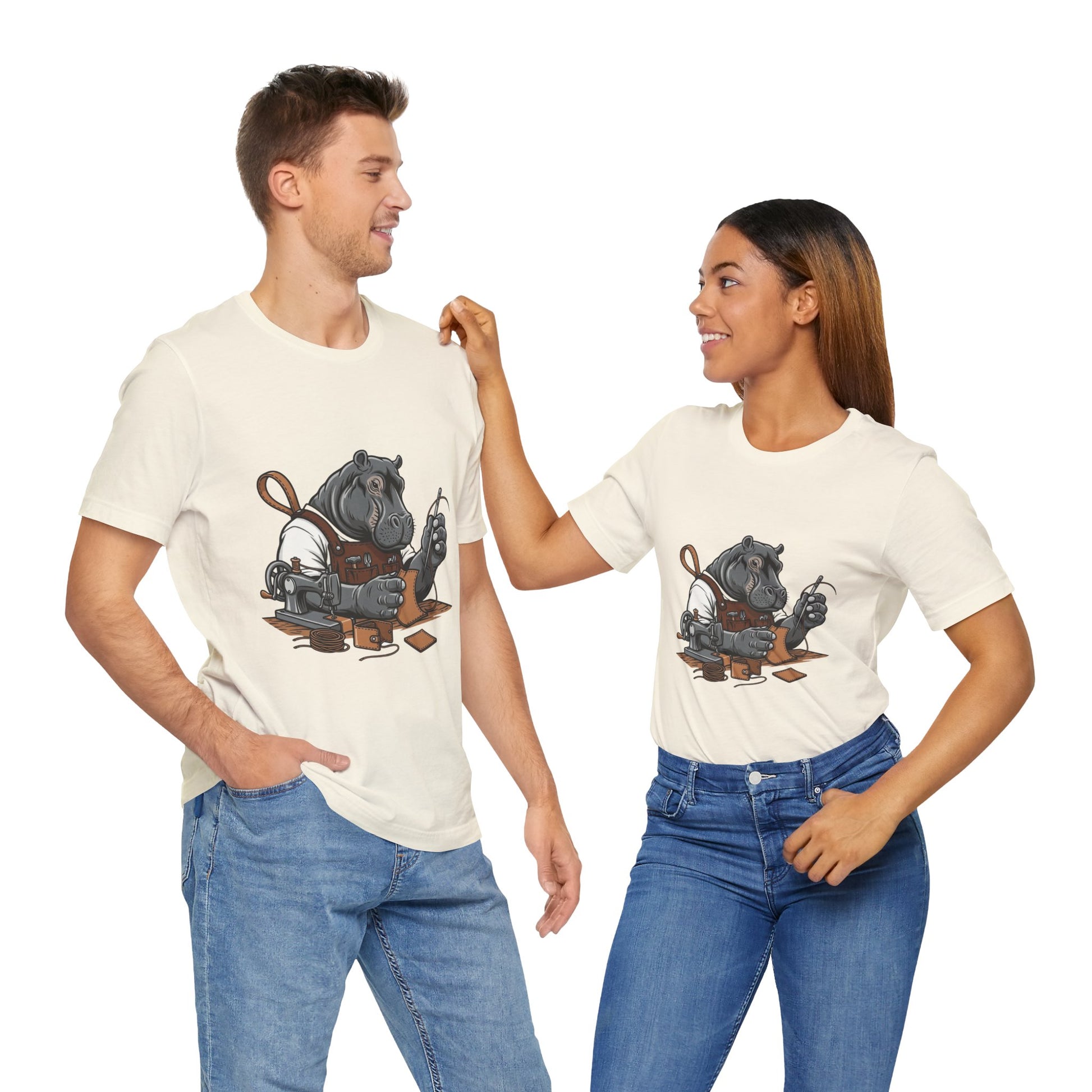 Hippo Sewing T-Shirt - Unique Unisex Tee for Crafters, Fun Animal Lover Shirt, Perfect Birthday Gift - ArtOm_farm™ LEATHER 