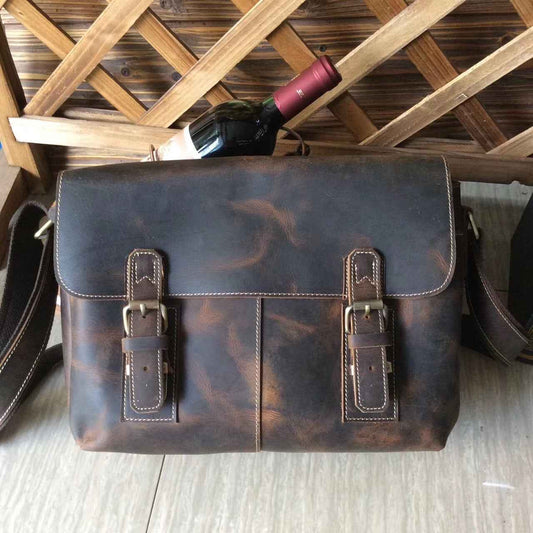 Men's Crazy Horse Leather Messenger Bag - Top Layer Cowhide Design