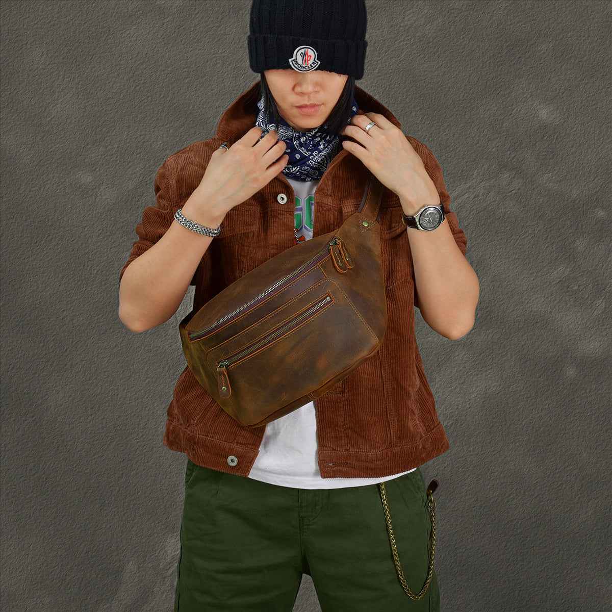 Retro Leather Large Chest Bag - Distressed Men's Crazy Horse Leather Design
