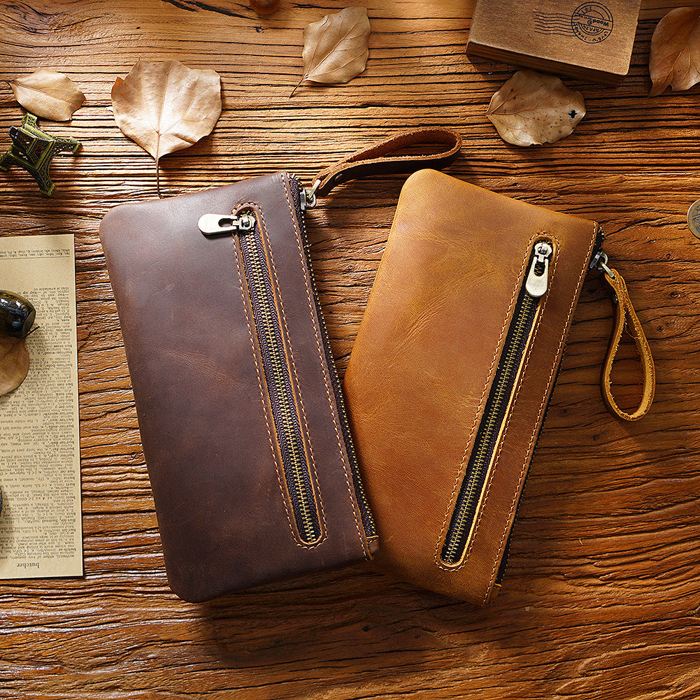 Retro Leather Zipped Pencil Bag - Crazy Horse Leather Creative Portable Hand Grip Buggy Bag - ArtOm_farm™ LEATHER 