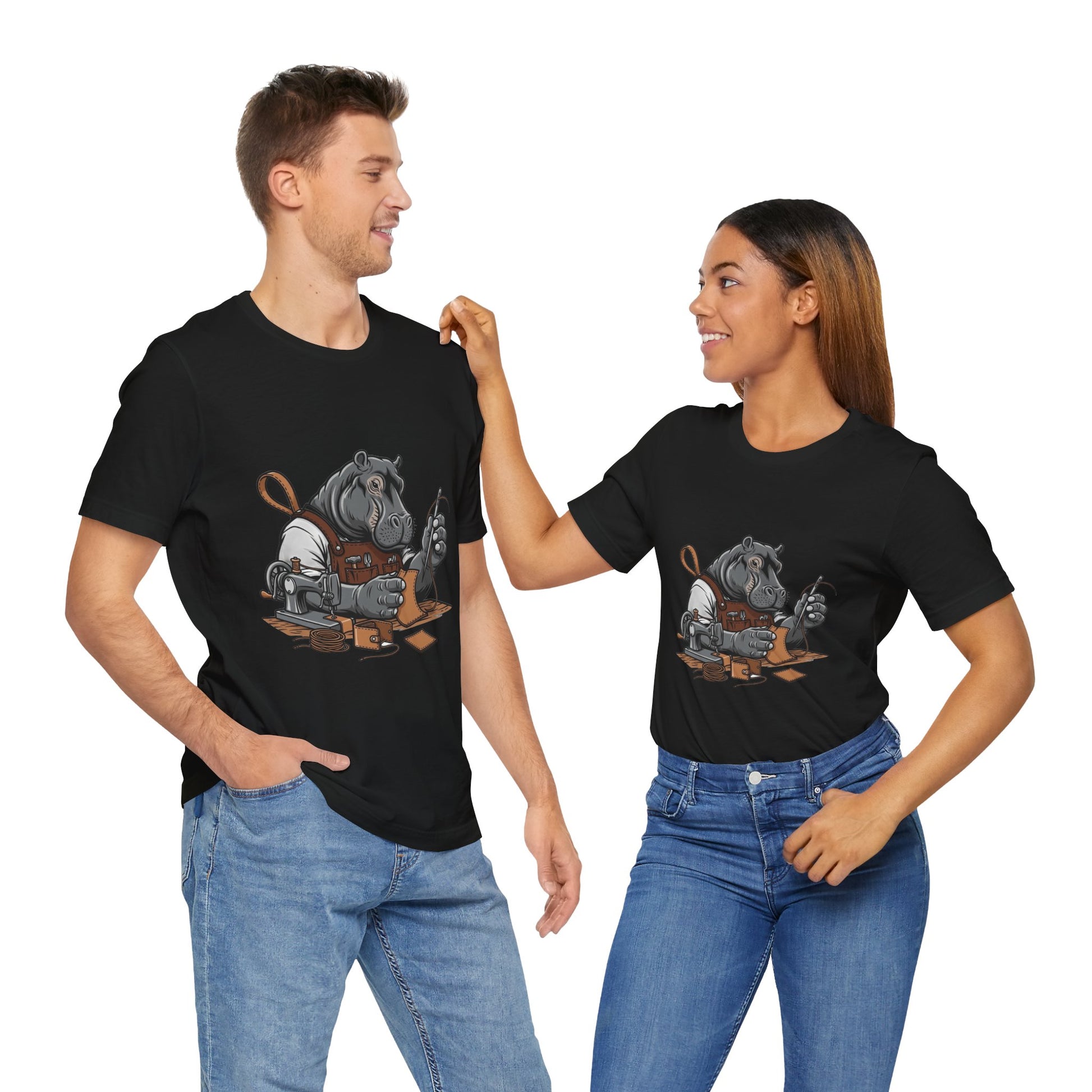 Hippo Sewing T-Shirt - Unique Unisex Tee for Crafters, Fun Animal Lover Shirt, Perfect Birthday Gift - ArtOm_farm™ LEATHER 