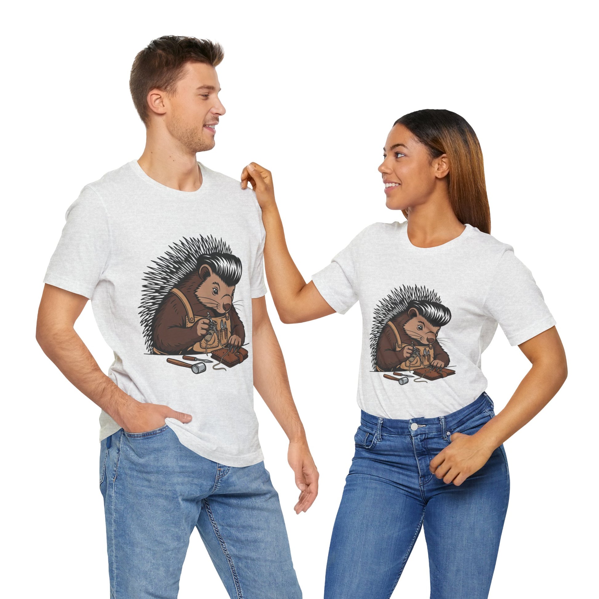 Quirky Hedgehog T-Shirt - Cute Animal Tee for Crafting Enthusiasts and Nature Lovers - Unisex Short Sleeve Shirt - ArtOm_farm™ LEATHER 