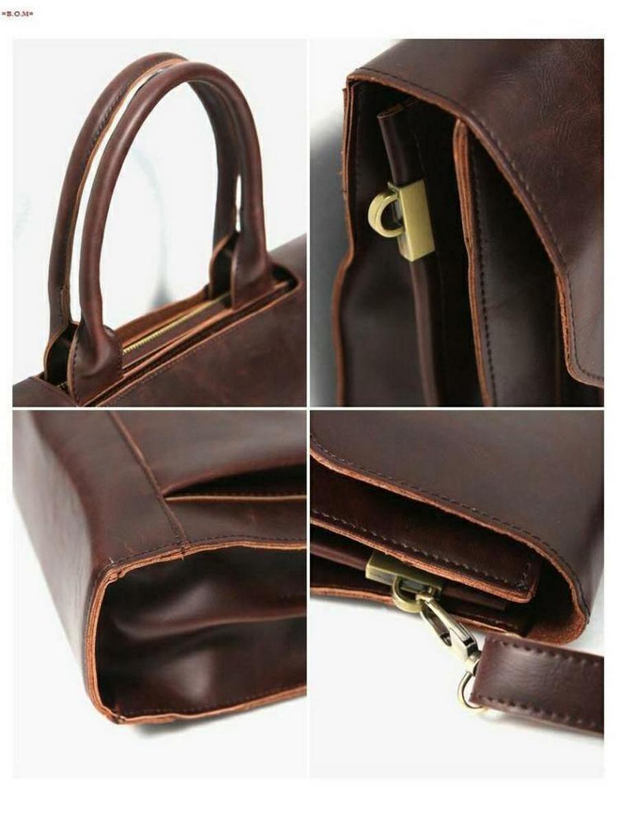 Collage of a brown leather bag with close-up details on a white background