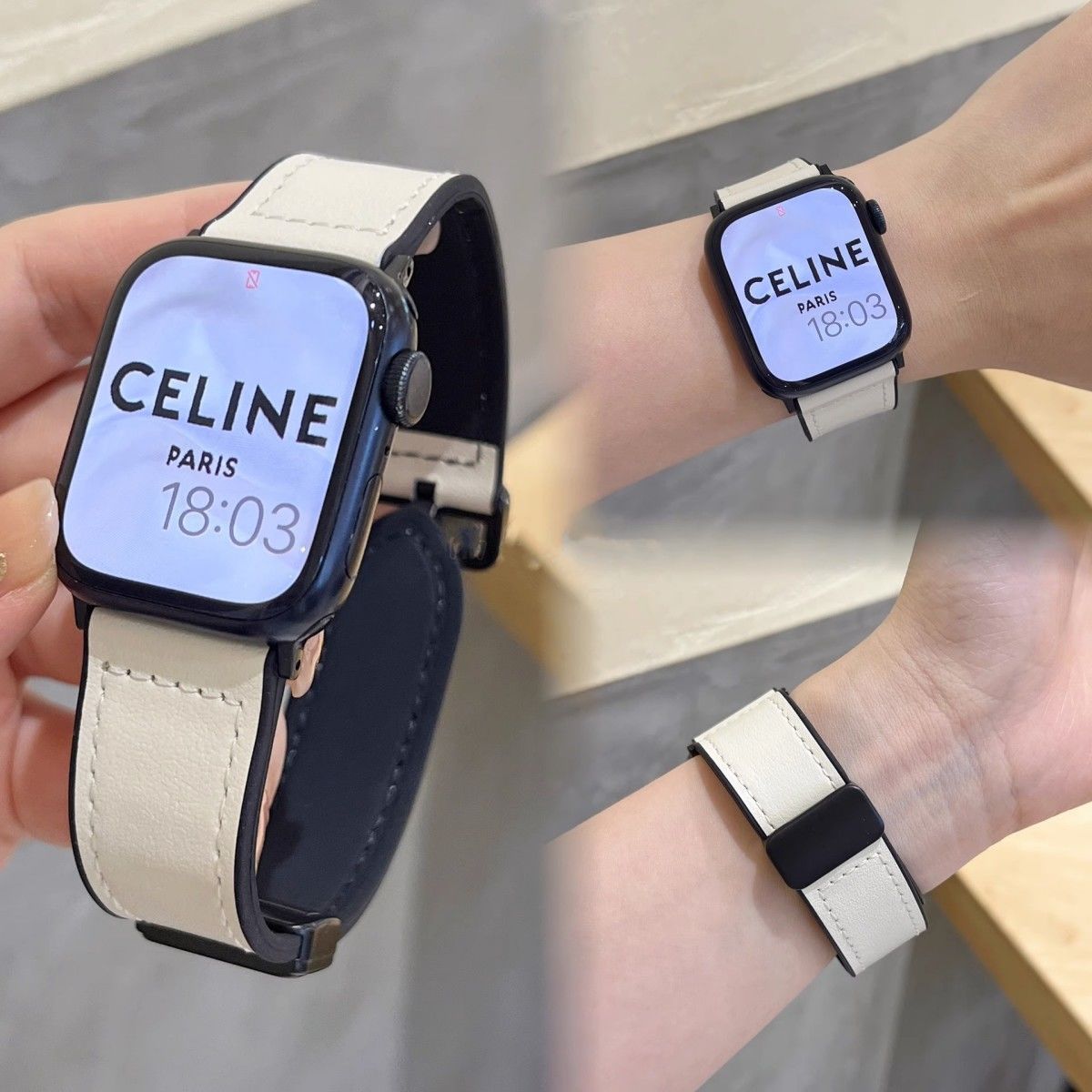 Two smartwatches with Celine branding on a neutral background