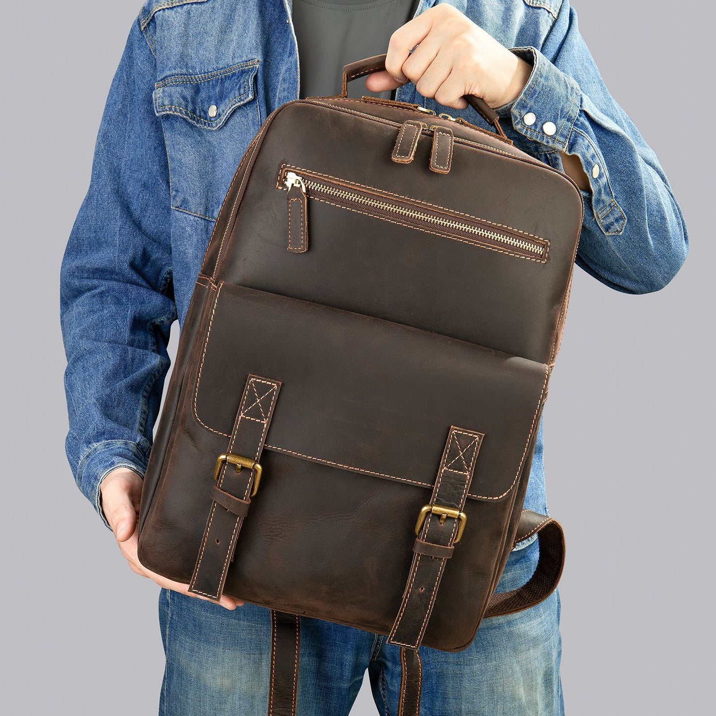 Crazy Horse Leather Backpack for Men - Retro Large Capacity Design - ArtOm_farm™ LEATHER 