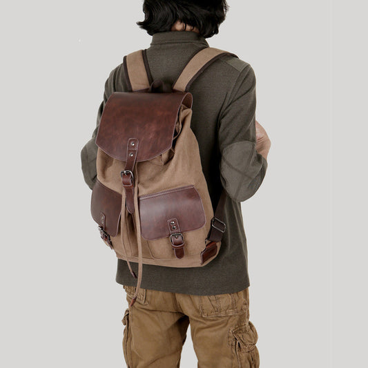 Canvas Leather Men's Backpack with Crazy Horse Leather Accents - ArtOm_farm™ LEATHER 
