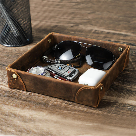Handmade Leather Storage Box - Vintage Crazy Horse Leather Square Tray for Sundries - ArtOm_farm™ LEATHER 