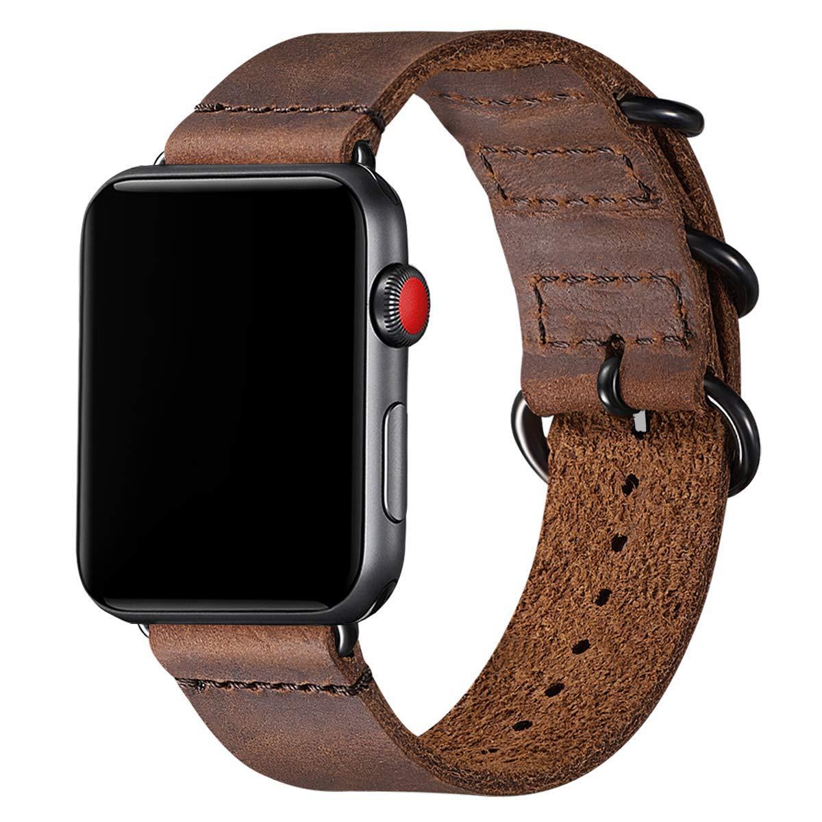 Smartwatch with a brown leather strap on a white background