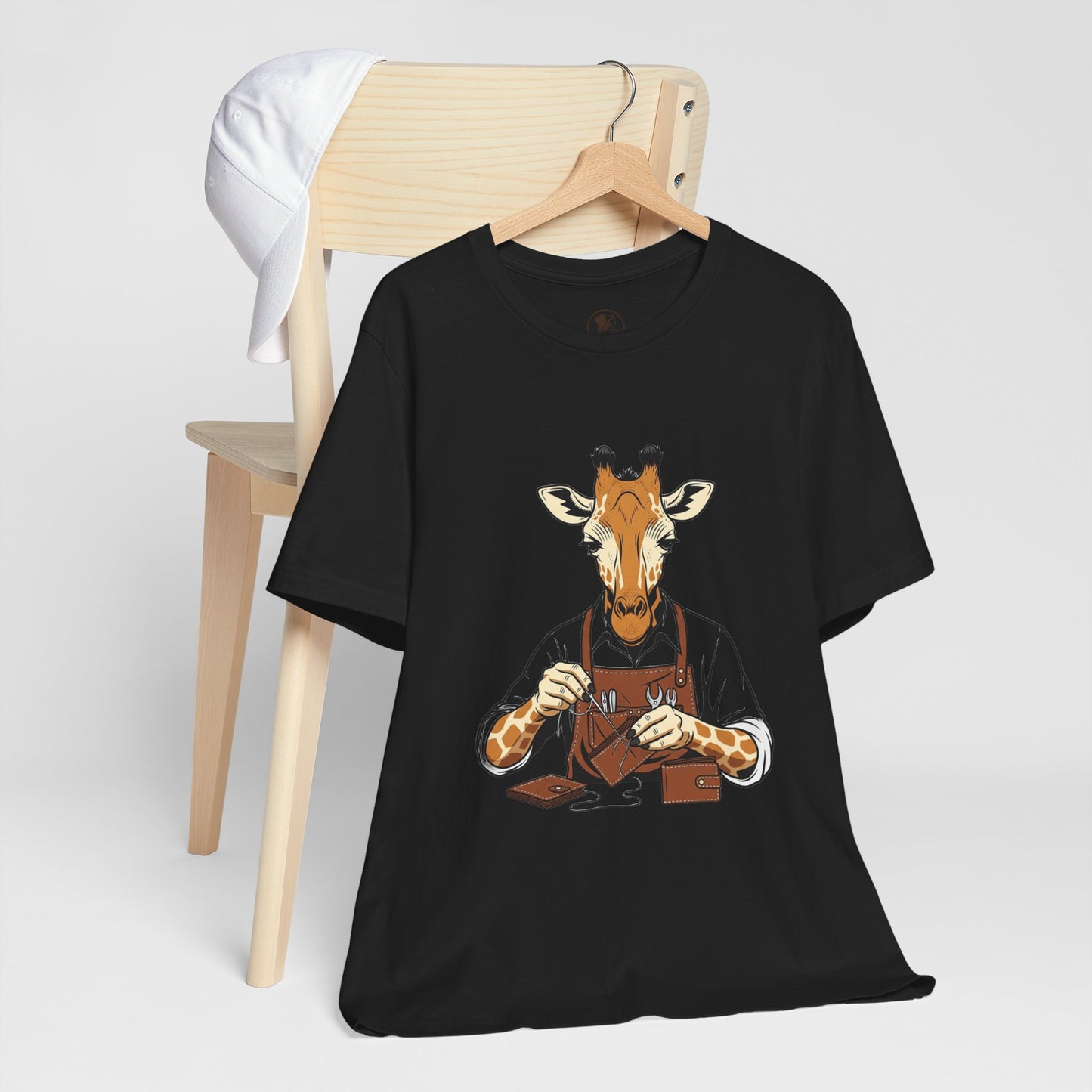 Giraffe Tailor Tee - Unique Animal Lover Shirt, Funny Short Sleeve T-Shirt for Creatives, Quirky Art Casual Wear - ArtOm_farm™ LEATHER 