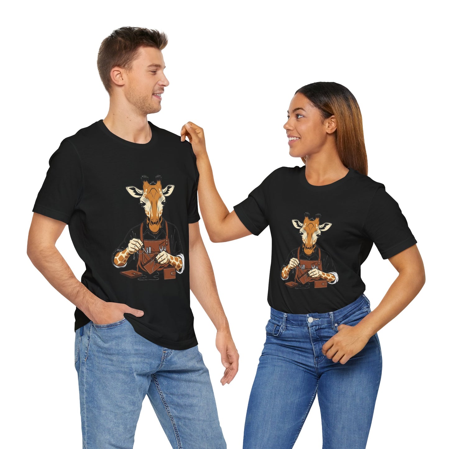 Giraffe Tailor Tee - Unique Animal Lover Shirt, Funny Short Sleeve T-Shirt for Creatives, Quirky Art Casual Wear - ArtOm_farm™ LEATHER 