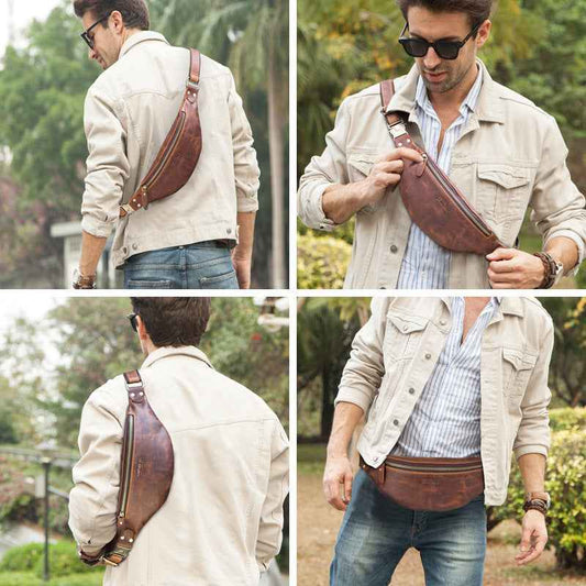 Men's Genuine Leather Belt Bag - Retro Crazy Horse Leather Design