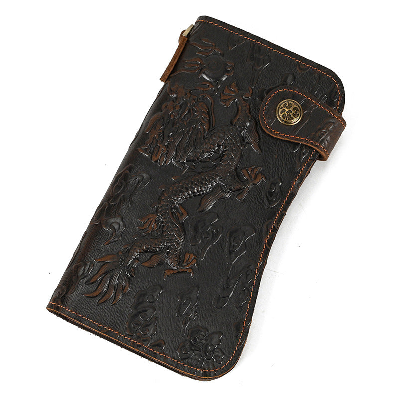 Black leather wallet with embossed design on a white background
