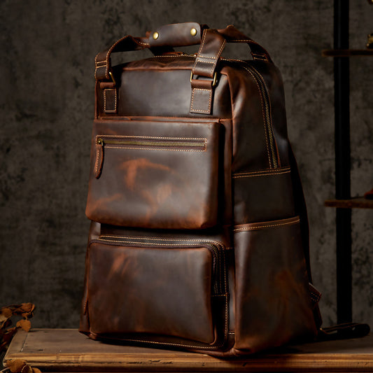 Handmade Leather Backpack - Retro Crazy Horse Leather Oversized Design - ArtOm_farm™ LEATHER