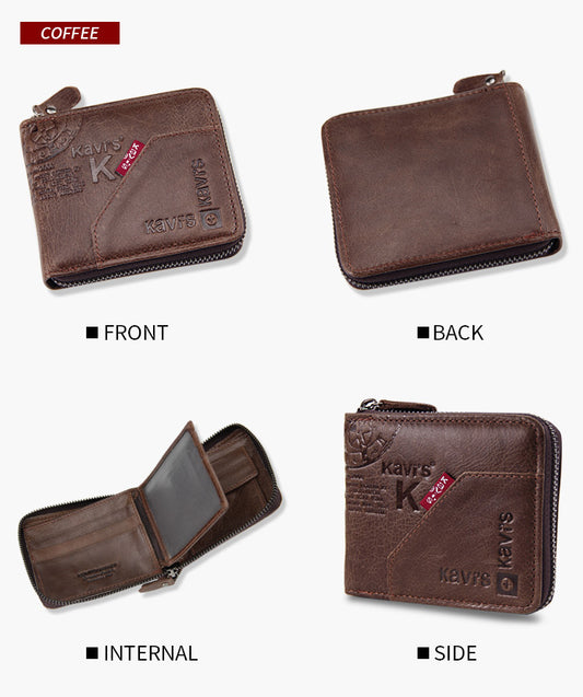 Brown leather wallet with multiple views on a white background