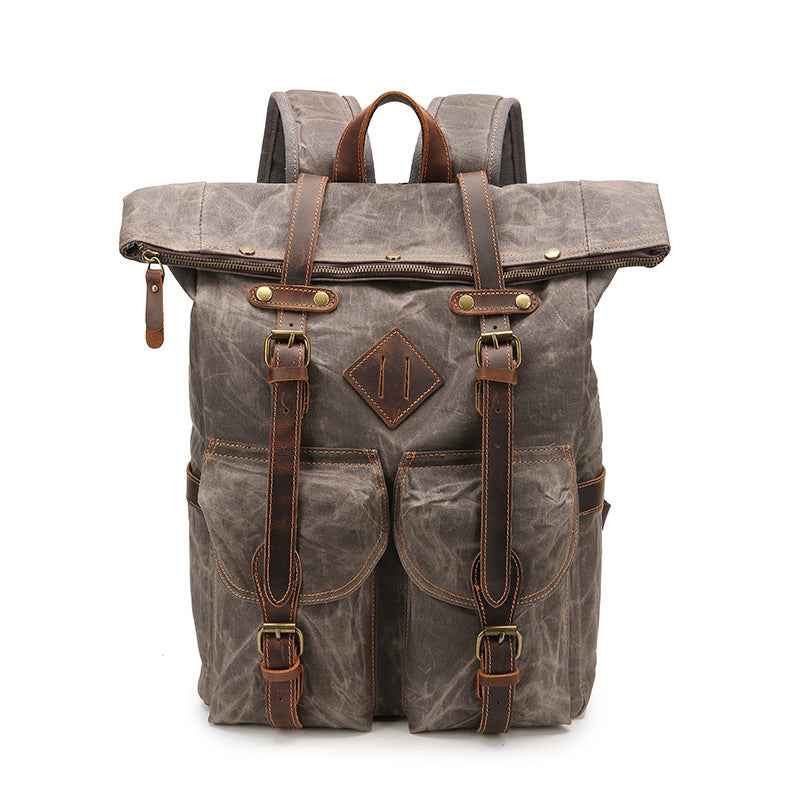 Retro Leather Canvas Backpack - Waterproof Crazy Horse Leather Large Capacity