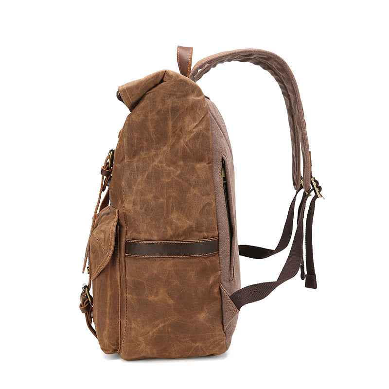 Retro Leather Canvas Backpack - Waterproof Crazy Horse Leather Large Capacity