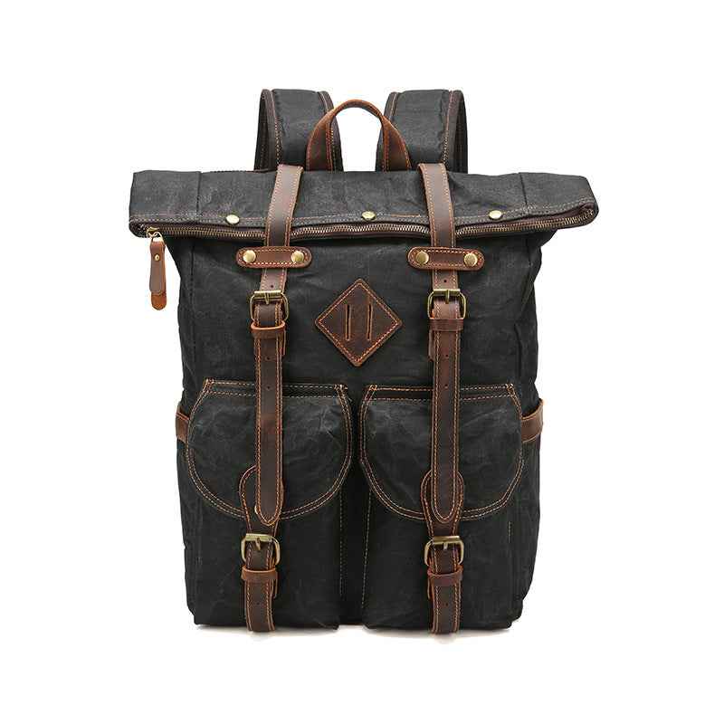 Retro Leather Canvas Backpack - Waterproof Crazy Horse Leather Large Capacity