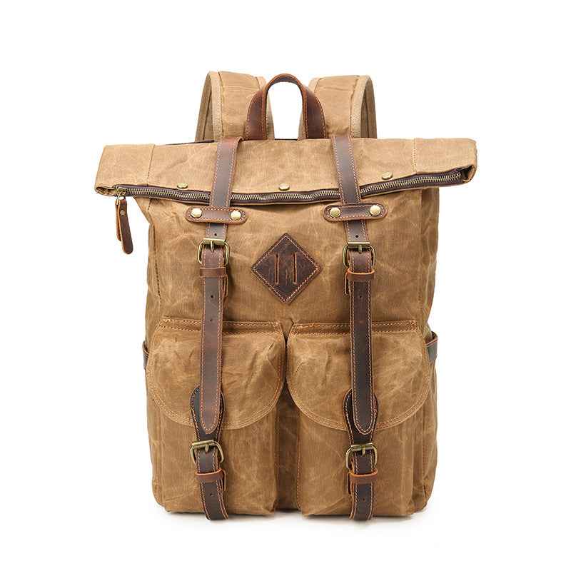 Retro Leather Canvas Backpack - Waterproof Crazy Horse Leather Large Capacity