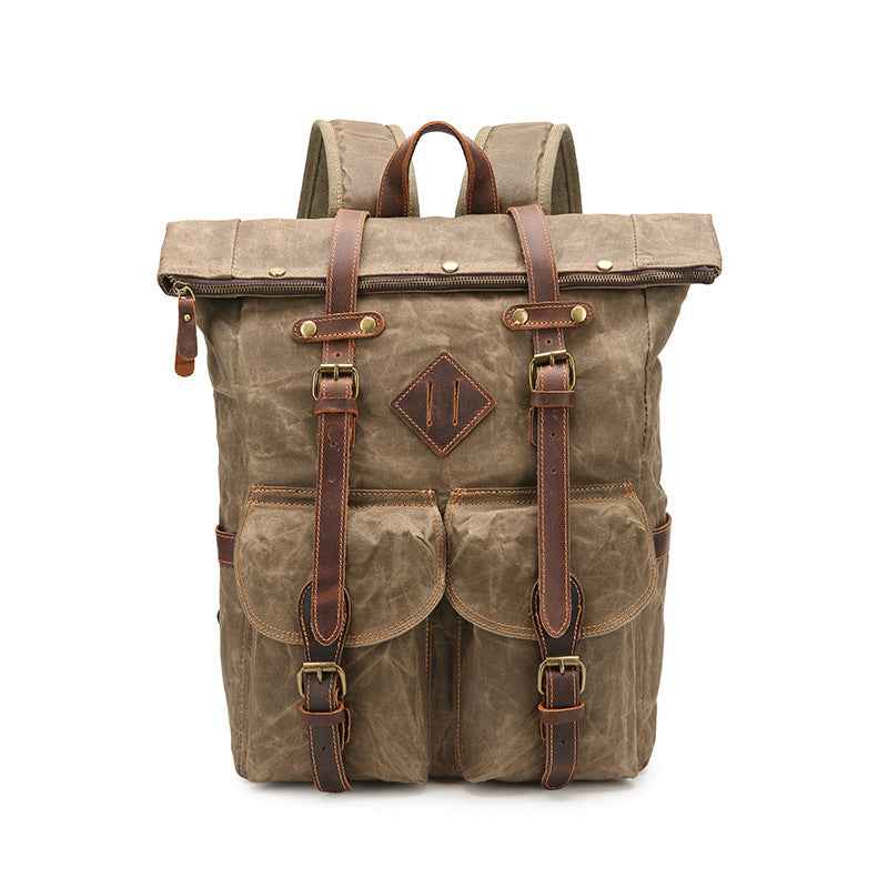 Retro Leather Canvas Backpack - Waterproof Crazy Horse Leather Large Capacity