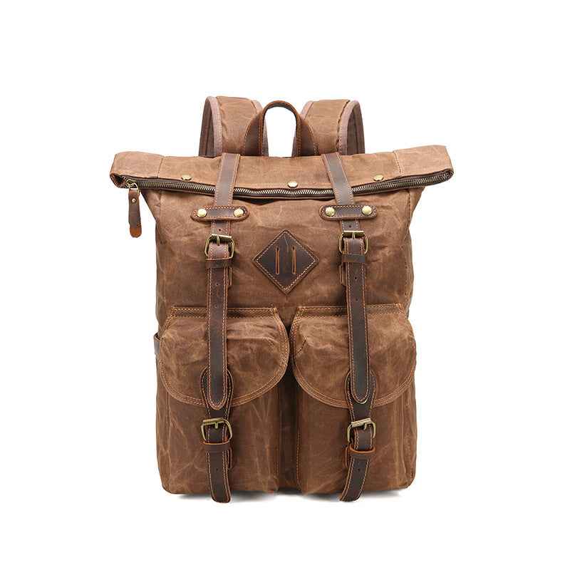 Retro Leather Canvas Backpack - Waterproof Crazy Horse Leather Large Capacity