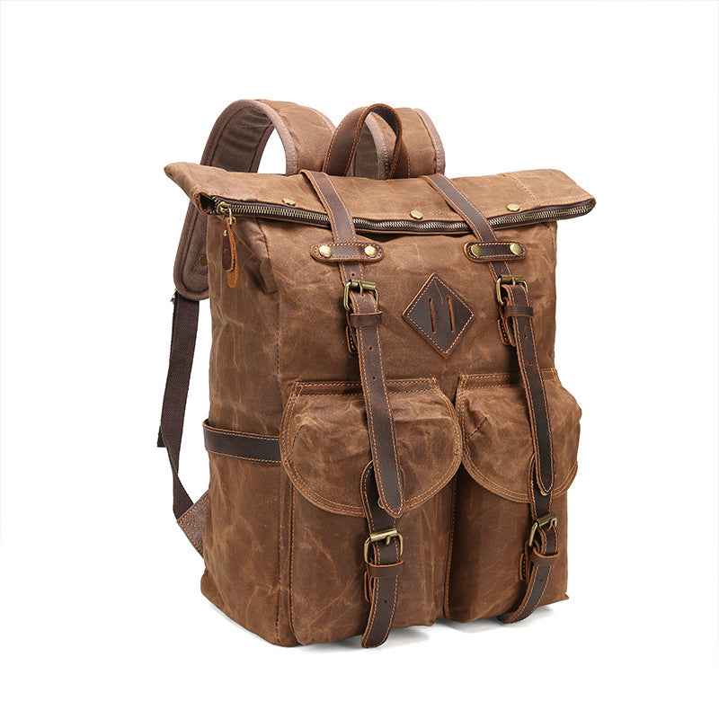 Retro Leather Canvas Backpack - Waterproof Crazy Horse Leather Large Capacity