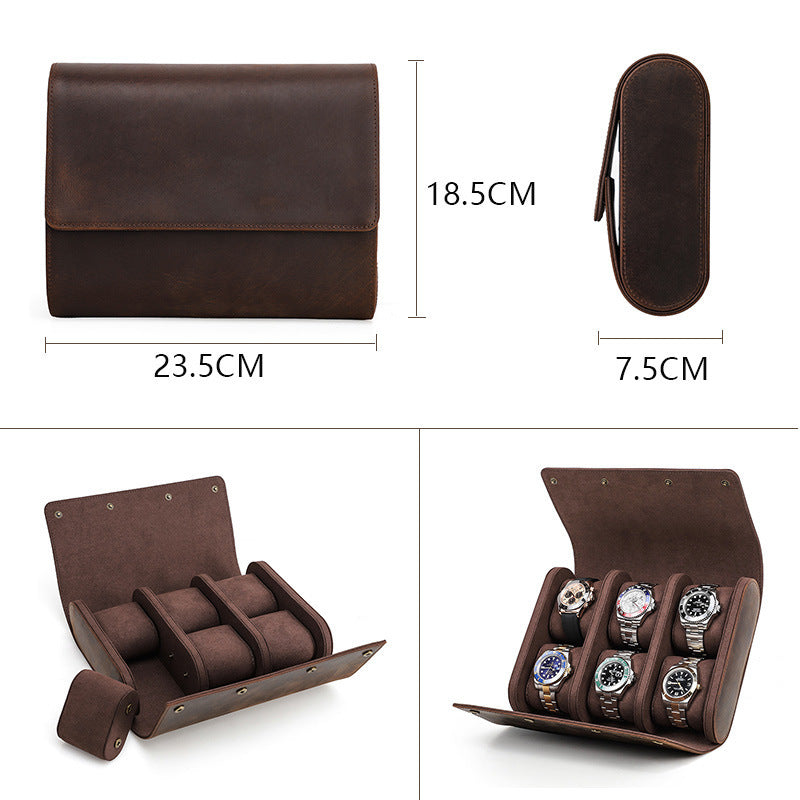 Brown leather watch holder with dimensions displayed