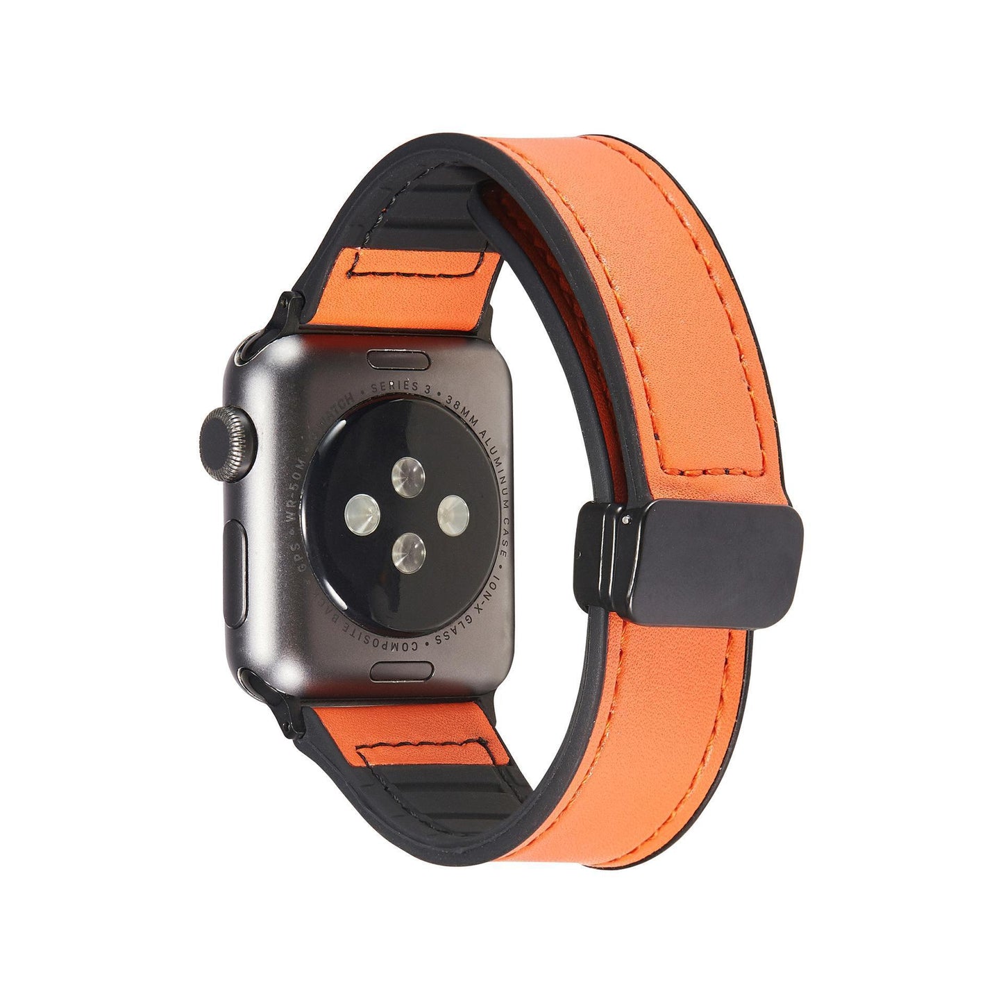Smartwatch with an orange and black band on a white background