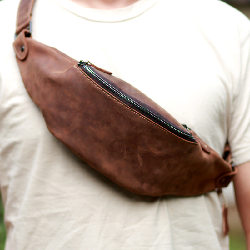 Handmade Leather Chest Bag - Retro Head Layer Crazy Horse Leather Zipper Design - ArtOm_farm™ LEATHER 
