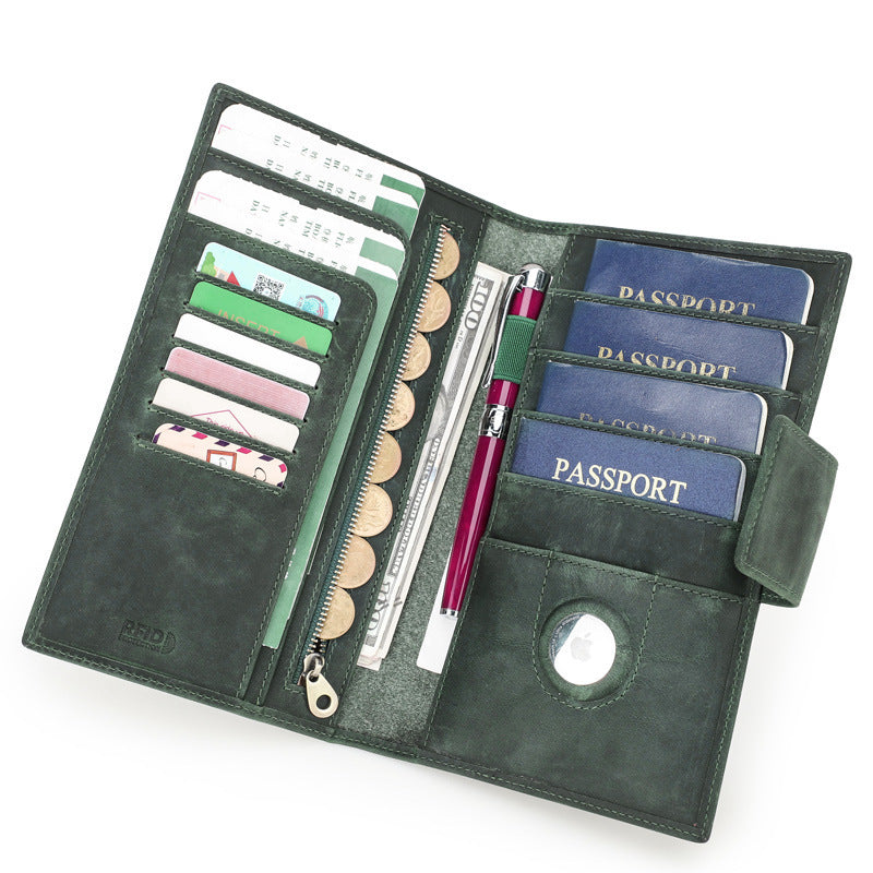 Green travel wallet with compartments for cards, coins, and documents on a white background