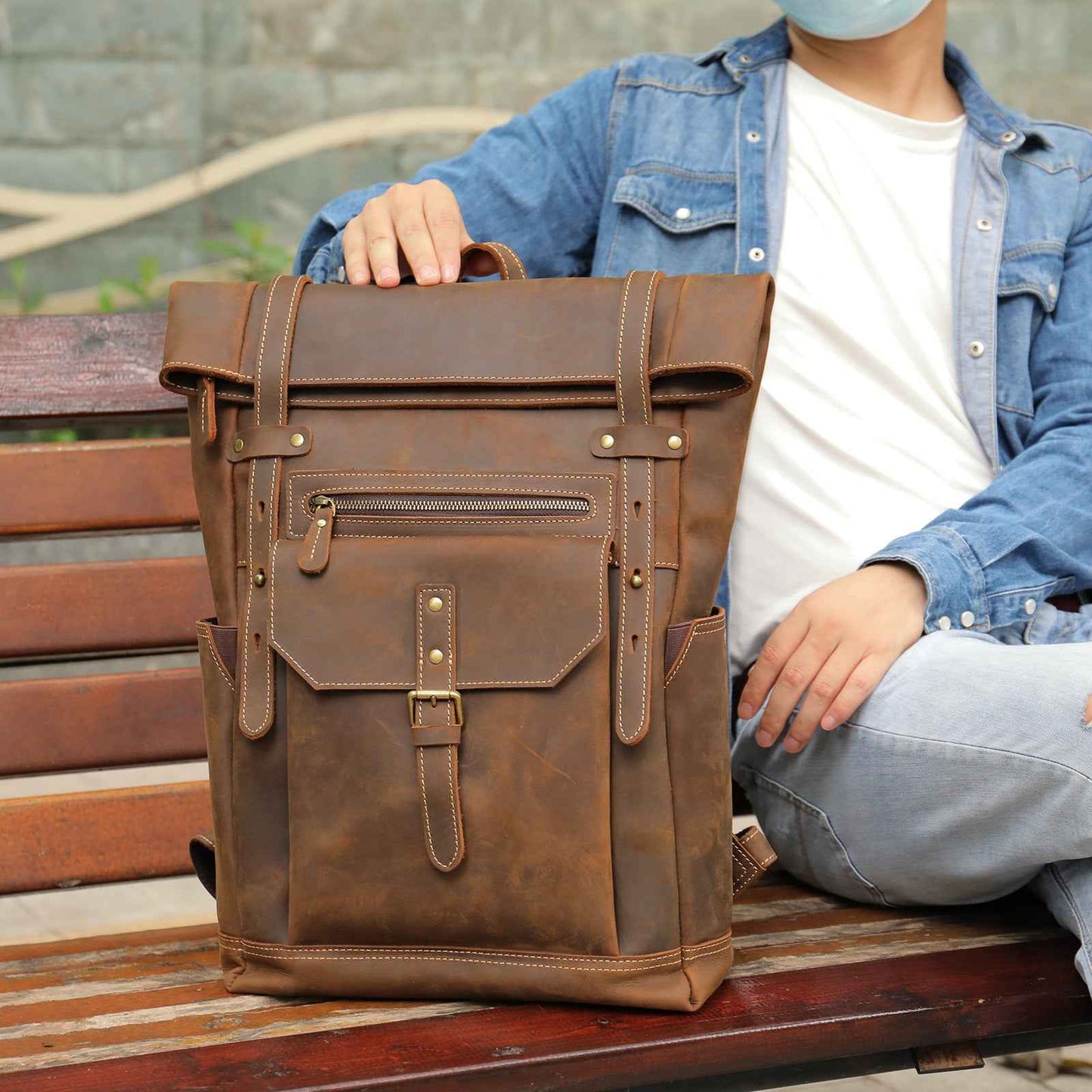 Retro Leather Backpack for Men - Vintage Crazy Horse Genuine Leather Travel Laptop Bag