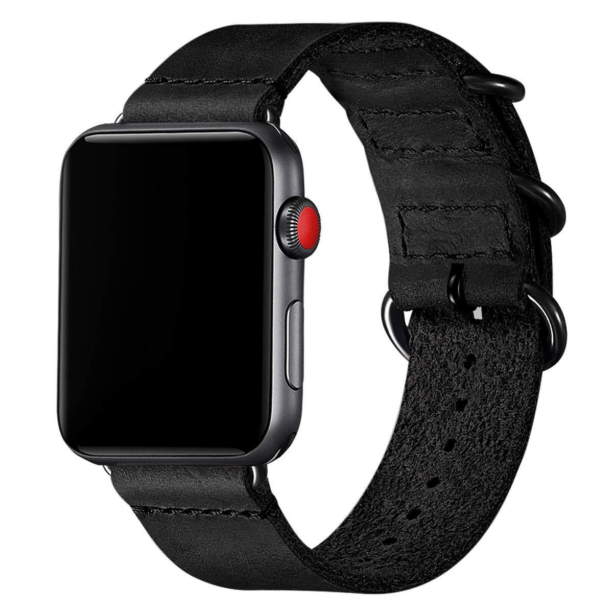 Smartwatch with a black leather strap on a white background