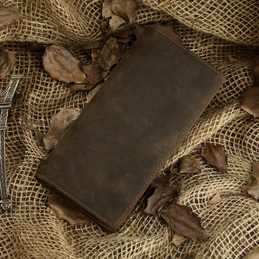 Men's Vintage Leather Wallet - Crazy Horse Leather Long Vertical Design - ArtOm_farm™ LEATHER 