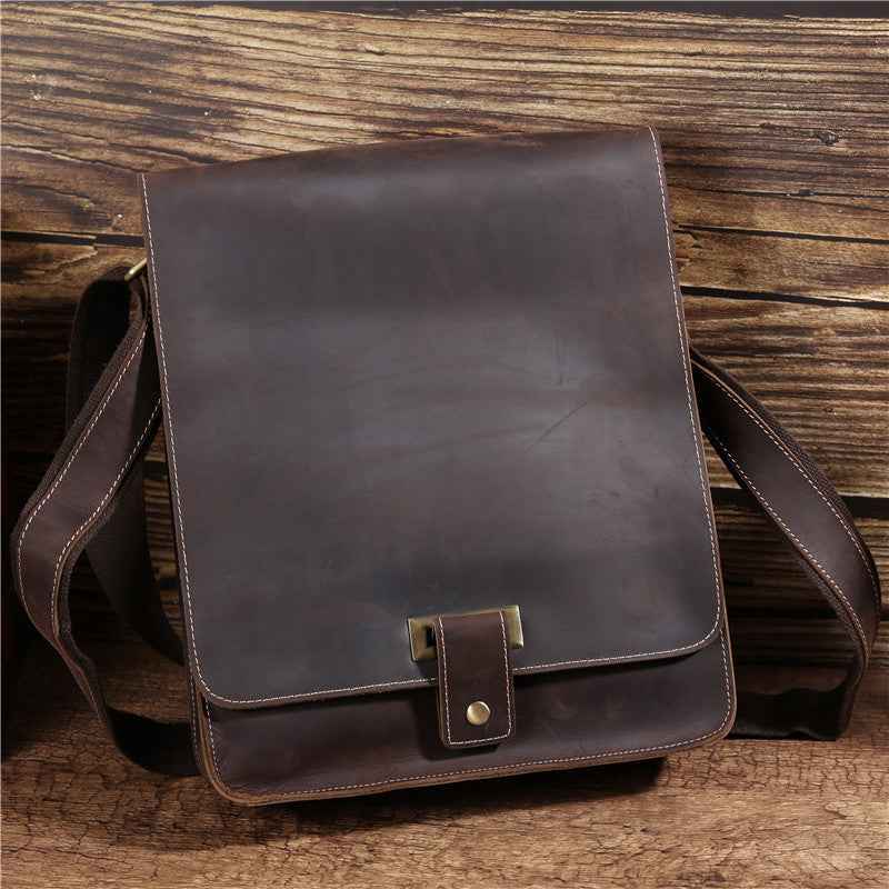 Men's Retro Leather Messenger Bag in Genuine Crazy Horse Leather