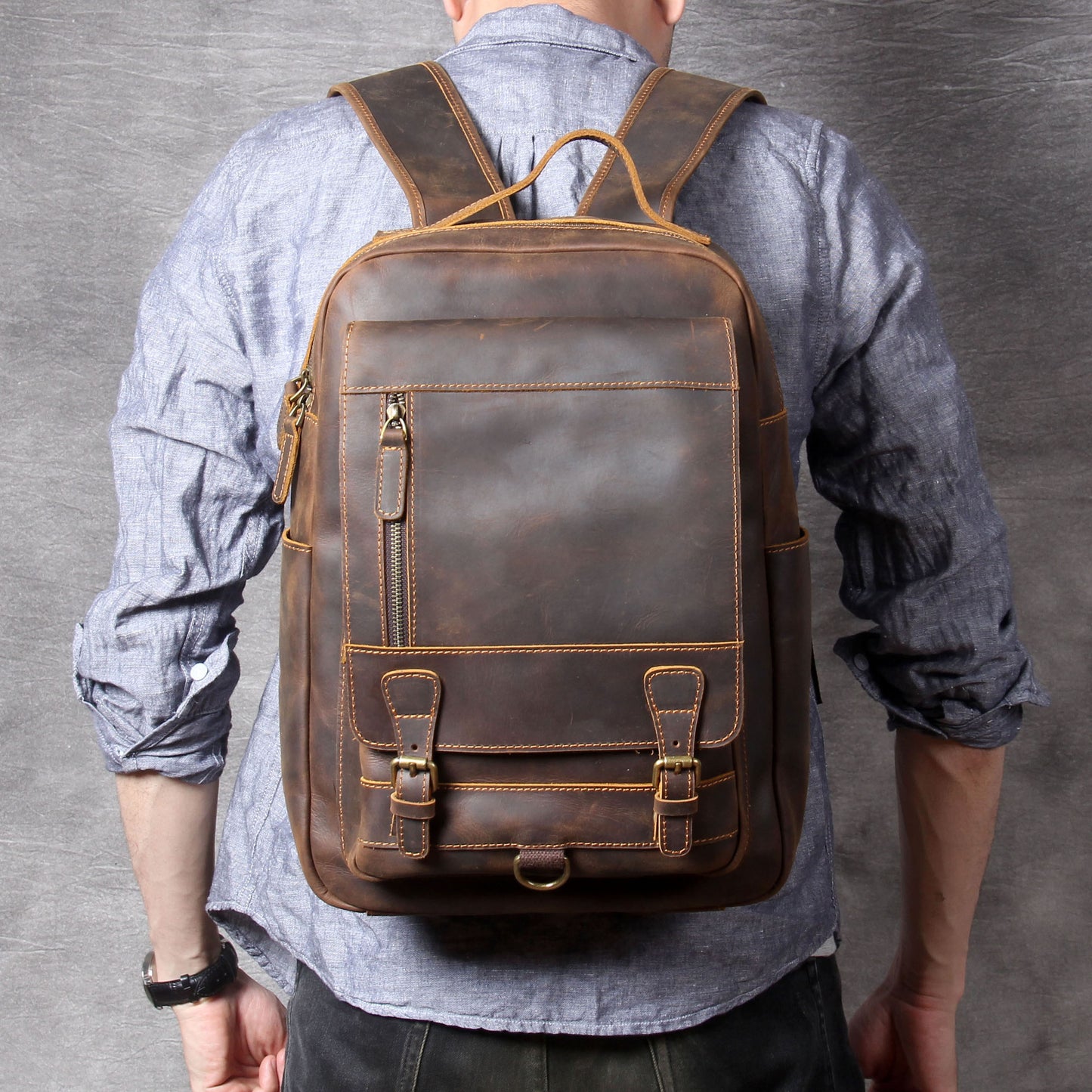 Retro Leather Backpack - Crazy Horse First Layer Leather Capacity Backpack - ArtOm_farm™ LEATHER