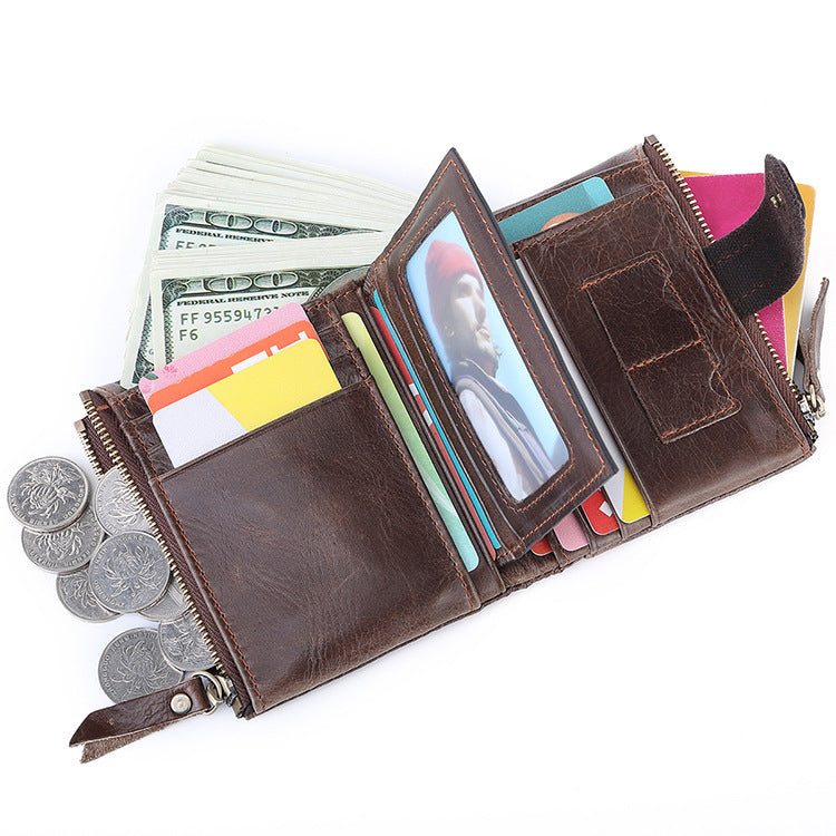 Anti-theft Leather Wallet Genuine Leather Multifunctional Buckle Zipper Vintage Crazy Horse Leather Men's Bag Leisure Coin Purse - ArtOm_farm™ LEATHER 