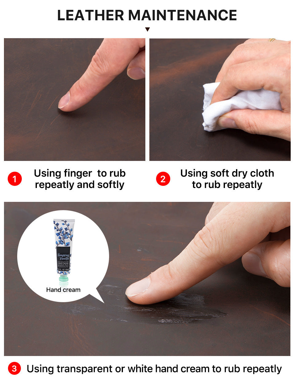 Step-by-step guide on leather maintenance with hand cream application.