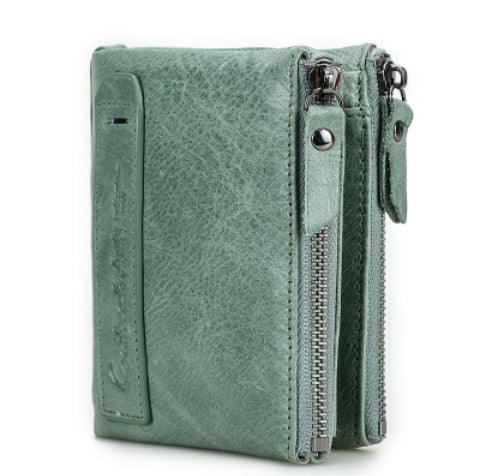 Green leather wallet with a zipper on a white background