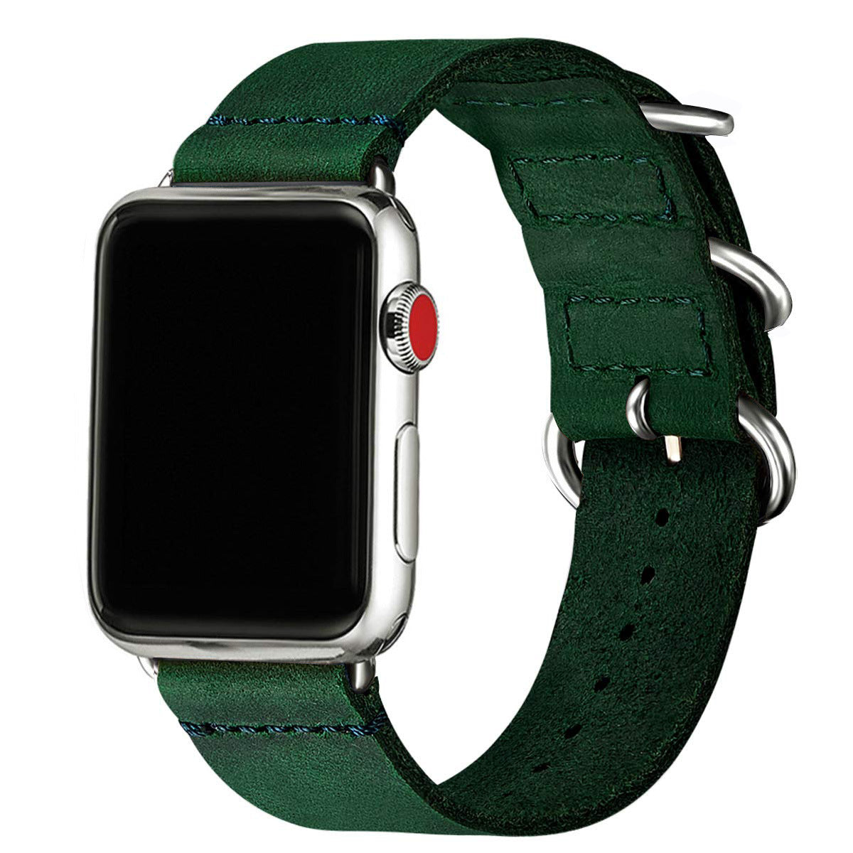 Smartwatch with a green leather strap on a white background