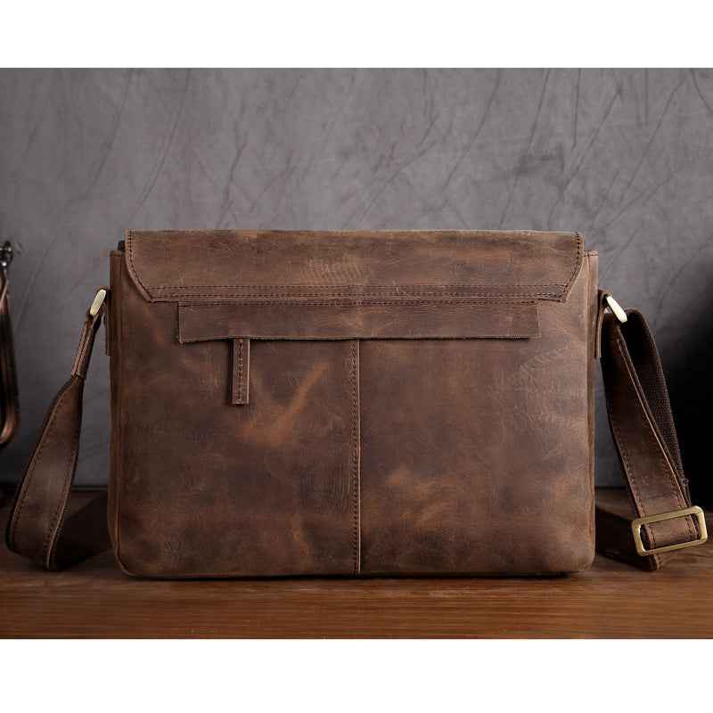 Men's Crazy Horse Leather Messenger Bag - Top Layer Cowhide Design