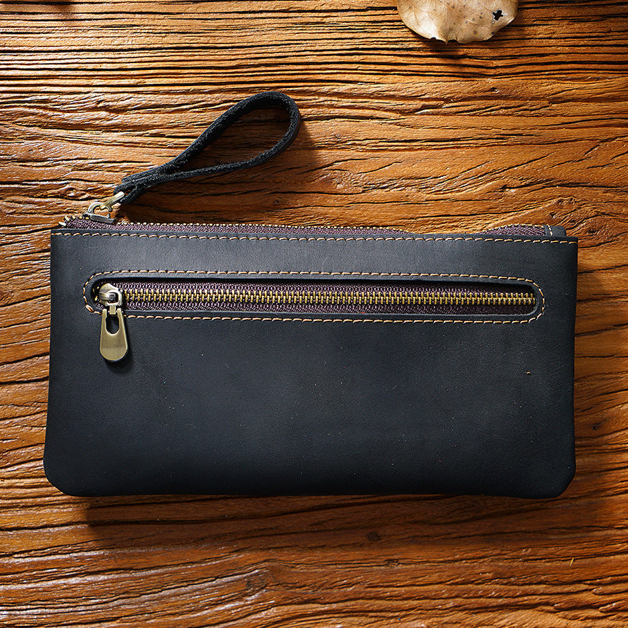 Retro Leather Zipped Pencil Bag - Crazy Horse Leather Creative Portable Hand Grip Buggy Bag - ArtOm_farm™ LEATHER 
