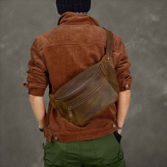 Retro Leather Large Chest Bag - Distressed Men's Crazy Horse Leather Design
