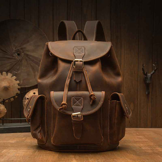 Retro-style Leather Backpack - Handmade Crazy Horse Leather Design for Timeless Style - ArtOm_farm™ LEATHER