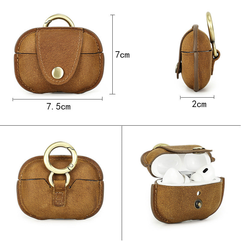 Brown leather case with gold ring for wireless earbuds, showing dimensions and open view.