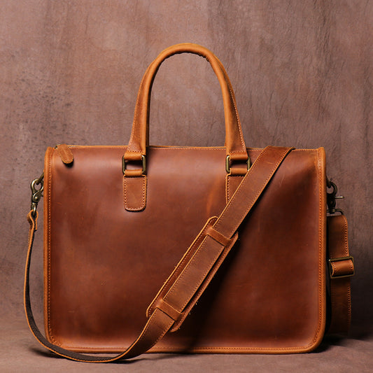 Men's Leather Briefcase - Crazy Horse Leather Briefcase for Laptop - ArtOm_farm™ LEATHER 