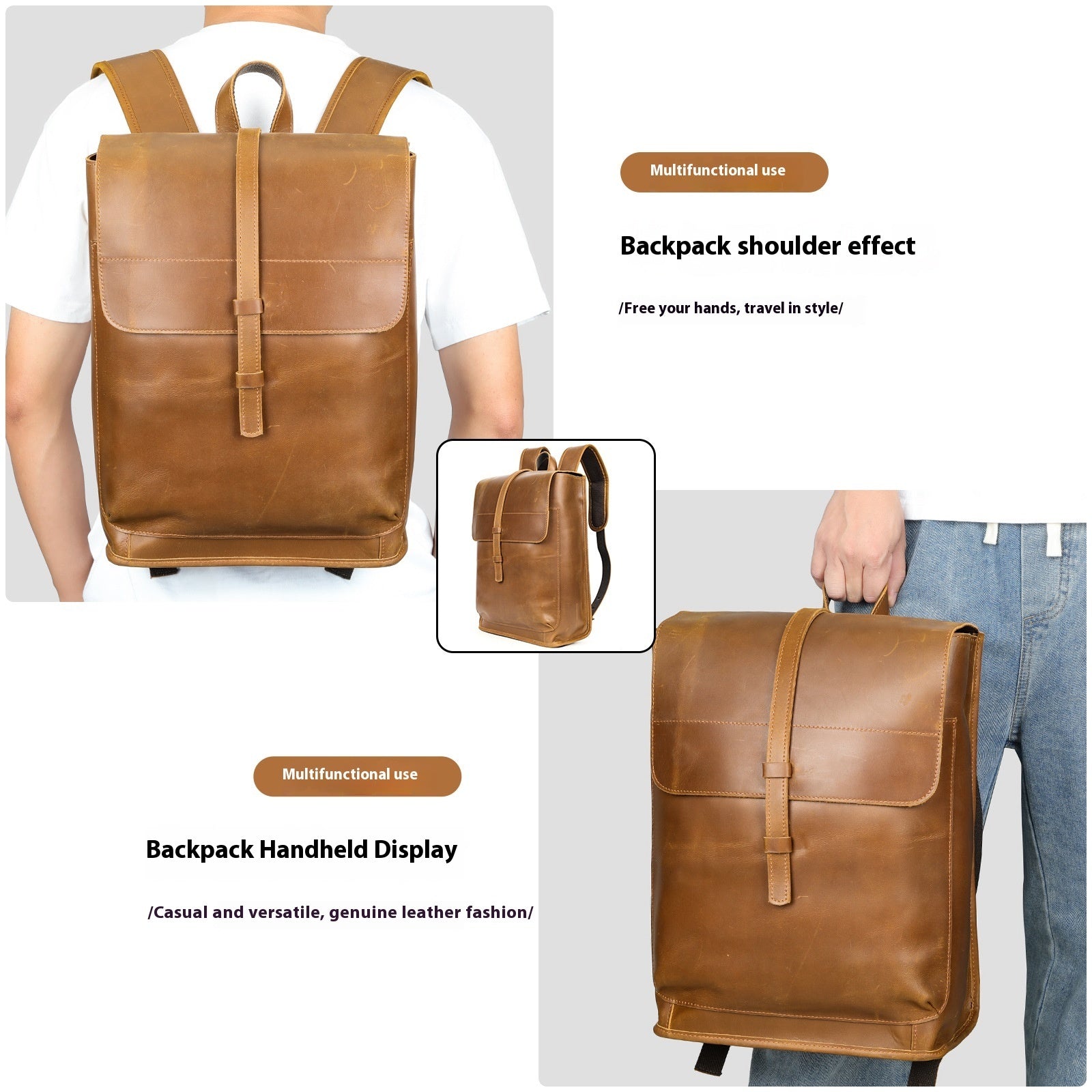 Leather Travel Backpack - Large Capacity Horse Leather Outdoor Bag for Leisure and Laptop Travel - ArtOm_farm™ LEATHER 