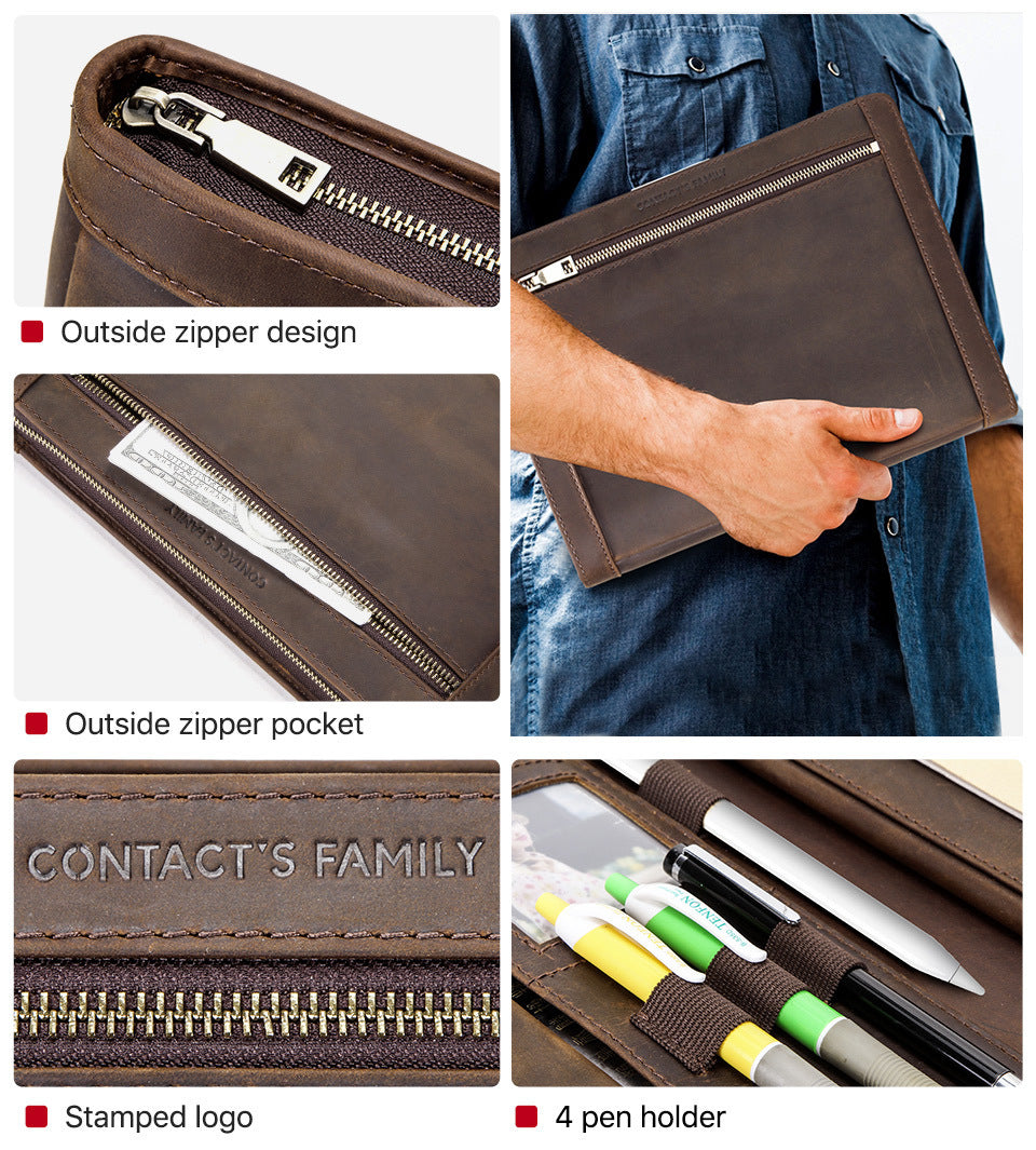 Brown zippered pouch with pen holder features and 'Contact's Family' branding.