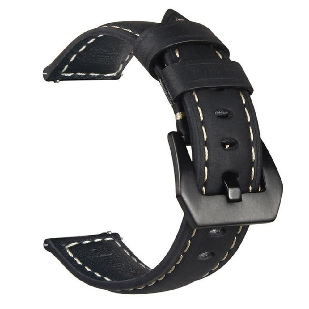 Black leather watch strap with white stitching on a white background