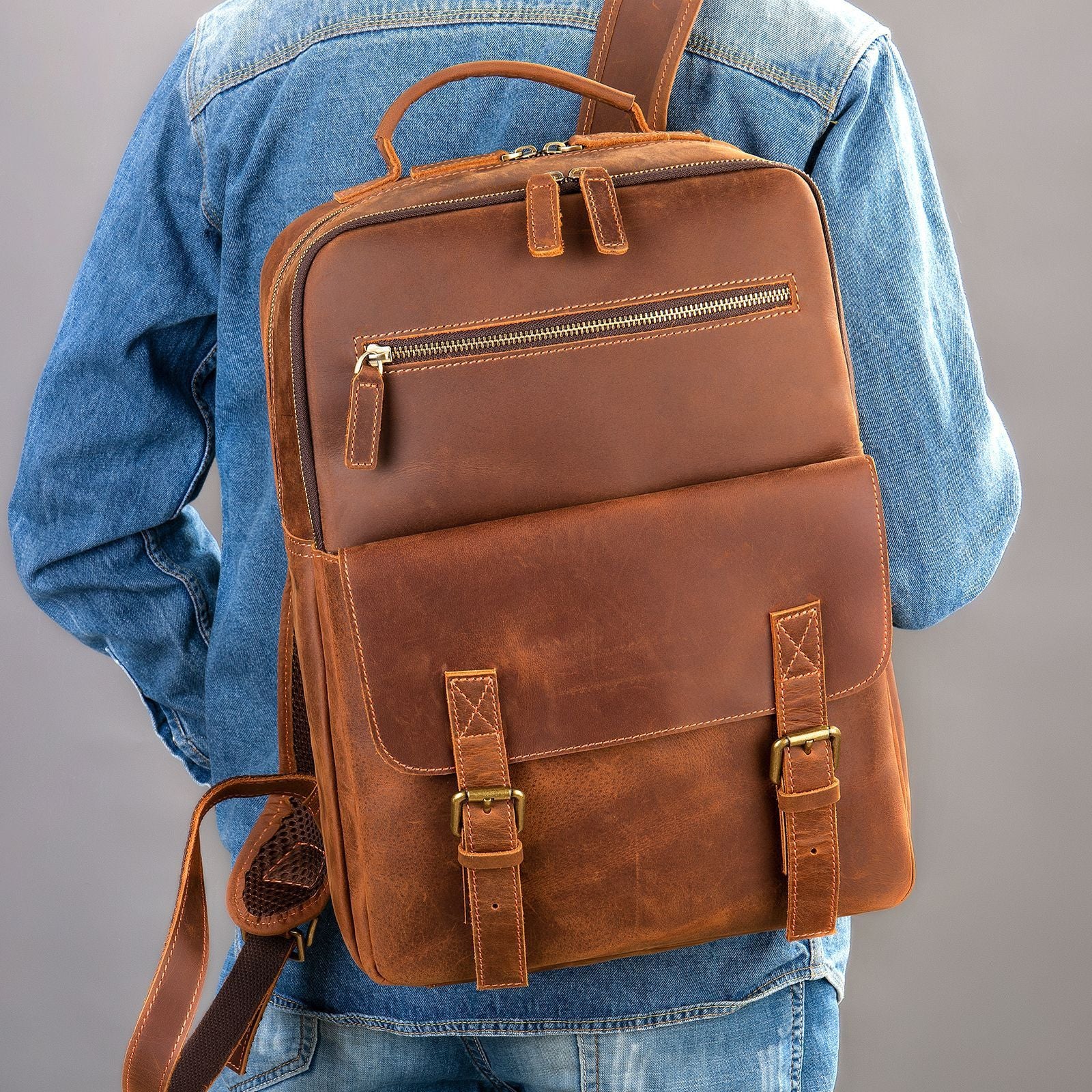 Crazy Horse Leather Backpack for Men - Retro Large Capacity Design - ArtOm_farm™ LEATHER 