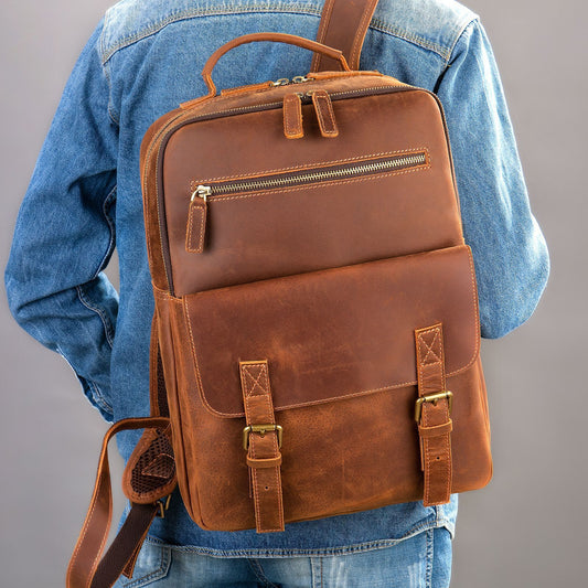Crazy Horse Leather Backpack for Men - Retro Large Capacity Design - ArtOm_farm™ LEATHER 